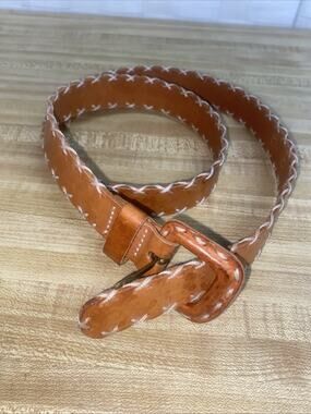 Copper Key Brown Leather Belt White Stitching On Edges Brass Buckle Sz 32